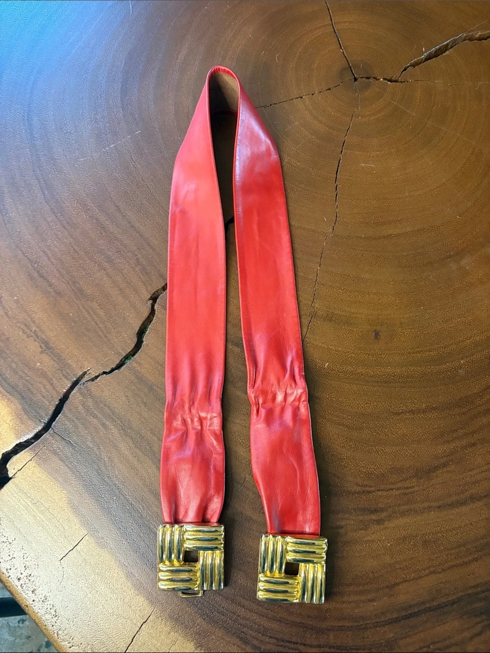 Vintage 80s Red Leather Wide Belt Gold Statement Buckle Adjustable Waist